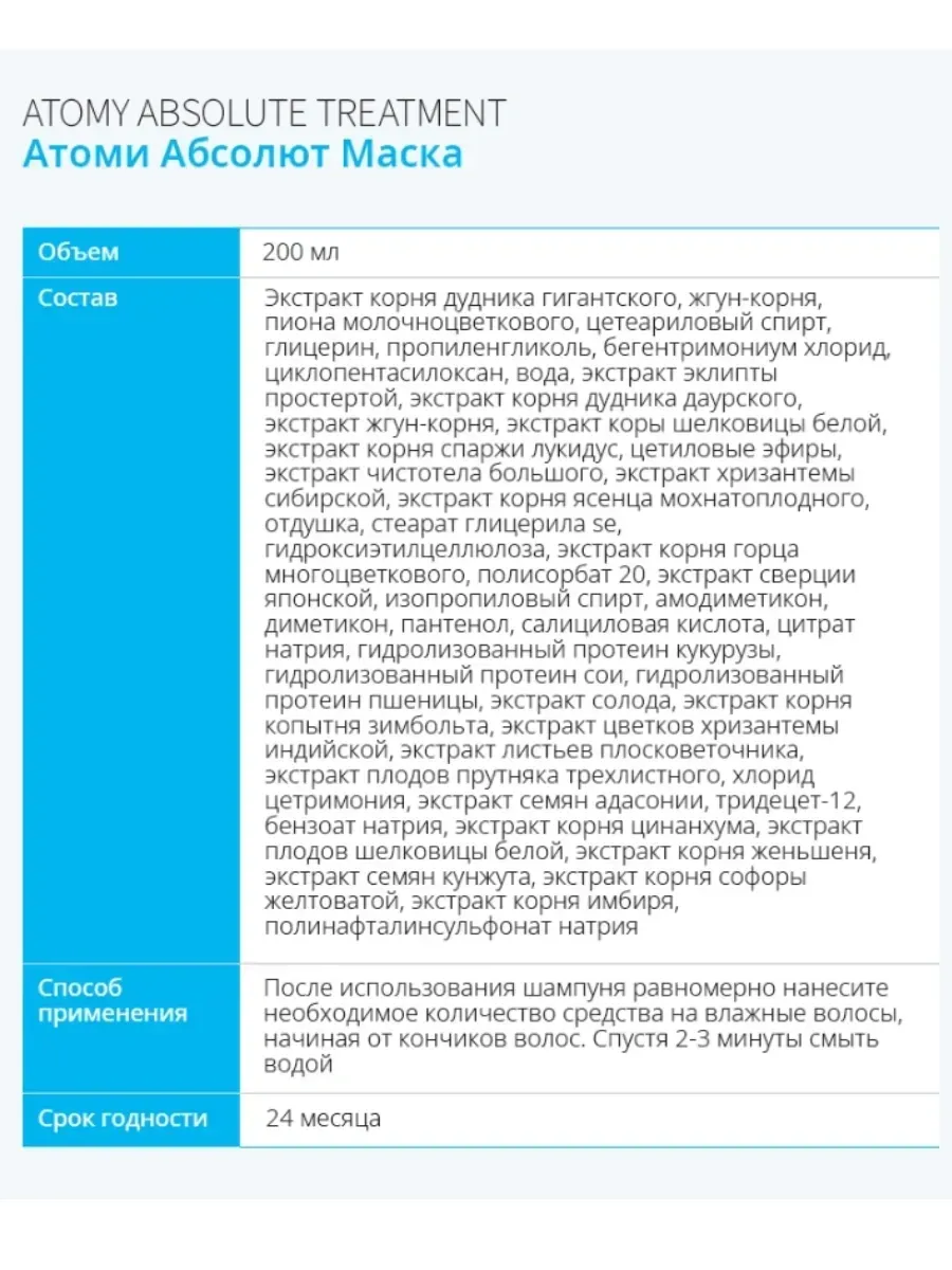 Atomy Маска для волос Атоми Абсолют с высоким соде